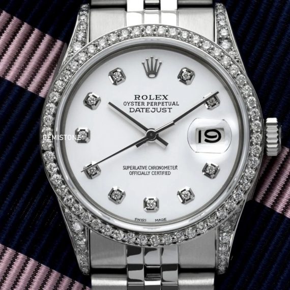 Round Moissantie Diamond Stainless Steel DateJust Rolex Watch | Iced Out Bust Down Watch | Custom Diamond Watch Gifts