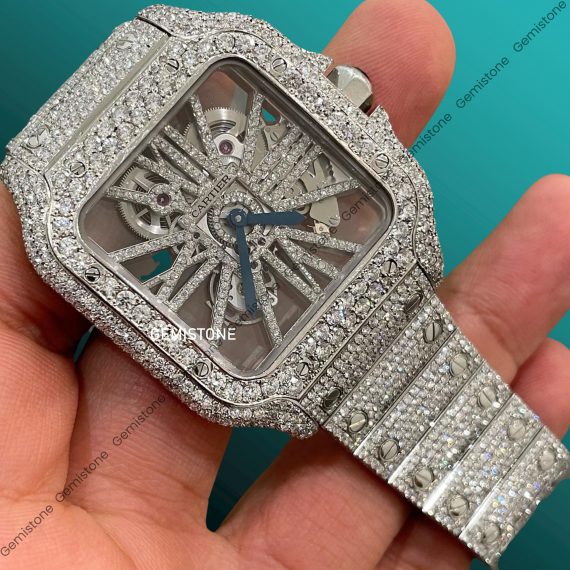 Santos de Cartier Skeleton Watch For Men | VVS Moissanite Wrist Watch | Bust Down Hip Hop Watch