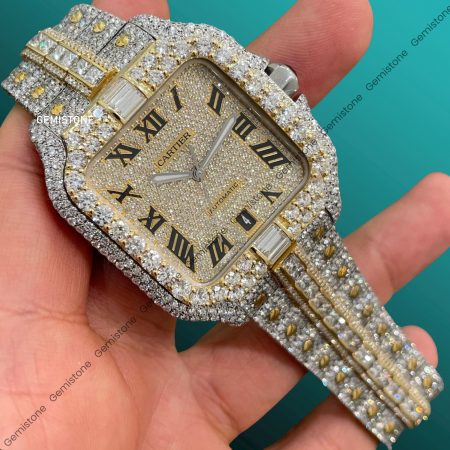 Luxury VVS Moissanite Round & Baguette Diamond Fully Ice Out Santos Cartier Watch | Two Tone Bust Down Hip Hop Watch