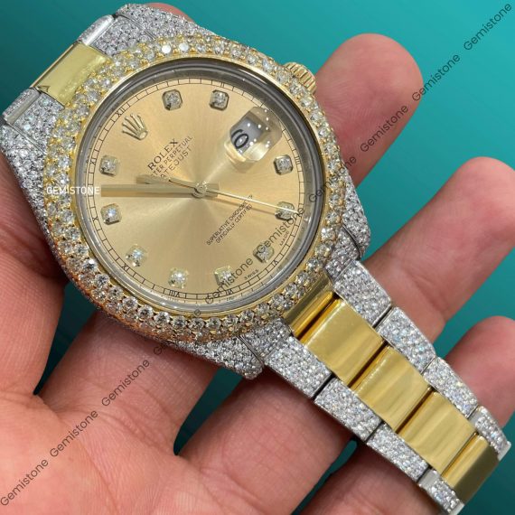 41mm Moissanite Studded Yellow Dial Iced Out Two Tone Rolex Watch For Men