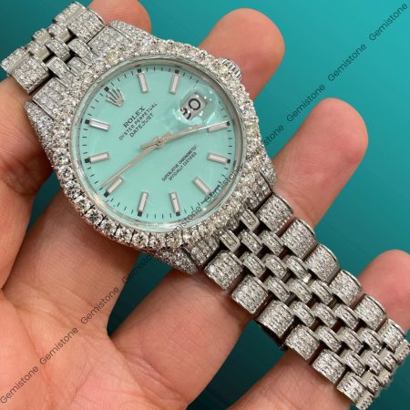 DateJust Sky Blue Dial Iced Out VVS Moissanite Rolex Watch Men | Stainless Stell Bust Down Hip Hop Watch