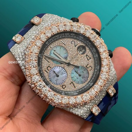 VVS Moissanite Studded Swiss Movement AP Blue Belt Watch | Iced Out Wrist Watch | Stainless Steel Watch | Customized Diamond Watch