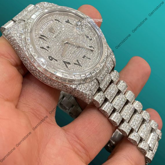 VVS Moissanite Studded Stainless Steel DayDate Rolex Watch | Baguette Diamond Moissanite Watch