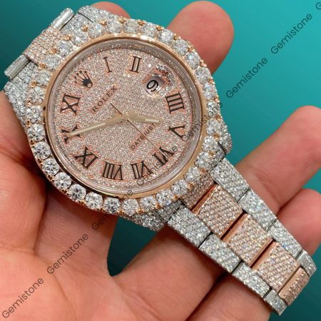 DateJust Two Tone Fully Ice Out Rolex Moissanite Diamond Watch For Men | Rose Gold Plated Bust Down Wrist Watch