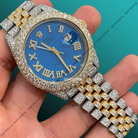 DateJust Blue Dial Iced Out Moissanite Rolex Watch Men | Swiss Automatic Bust Down Hip Hop Two Tone Watch