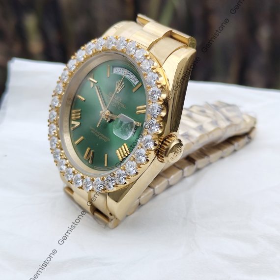 41mm Jubilee Green Dial Diamond Bezel DayDate Moissanite Watch | Men Luxury Yellow Gold Plated Wrist Watch