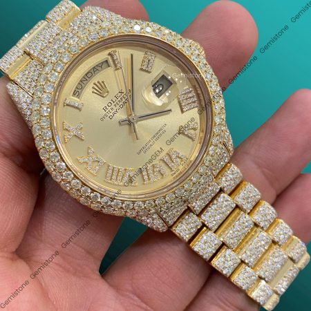 DayDate Full Yellow Gold Plated VVS Moissanite Studded Ice Out Rolex Wrist Watch | Bust Down Stainless Steel Watch