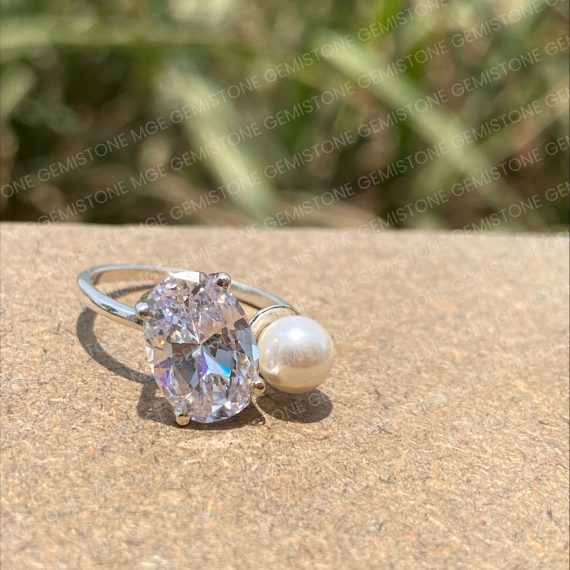 Oval Cut Moissanite Diamond and Pearl Engagement Ring For Women | Ariana Grande Ring | Celebrity Ring Gift or Her