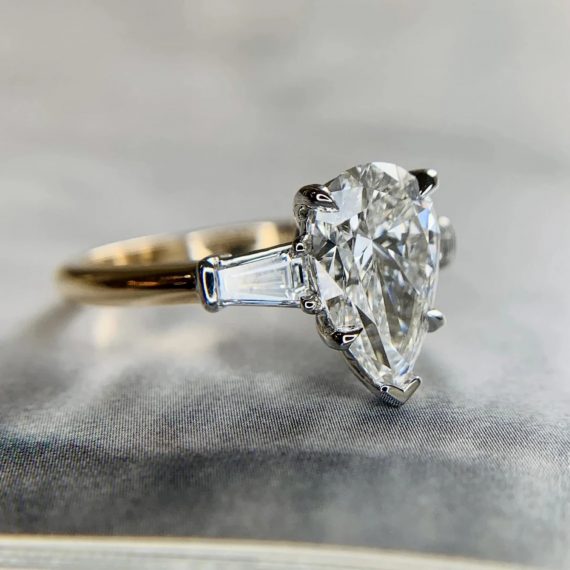 3 CT Pear Shape & Tapperd Baguette Diamond Three Stone Engagement Ring