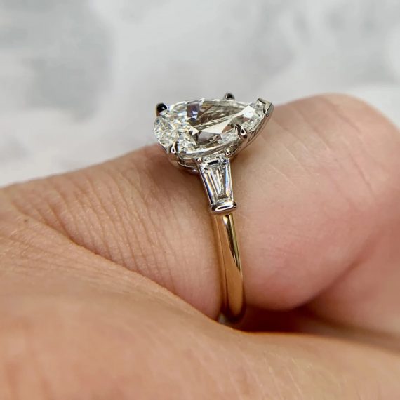 3 CT Pear Shape & Tapperd Baguette Diamond Three Stone Engagement Ring
